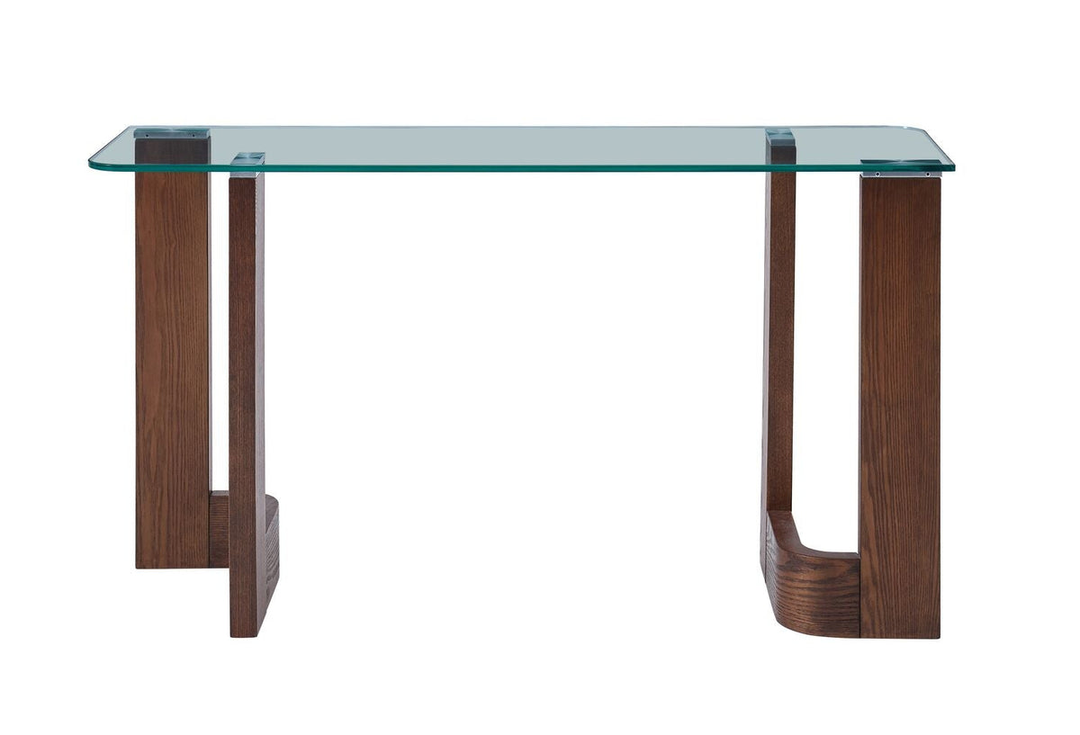 Anabelle 52" Sofa Table - Brandy front view with clear glass top and curved wood supports
