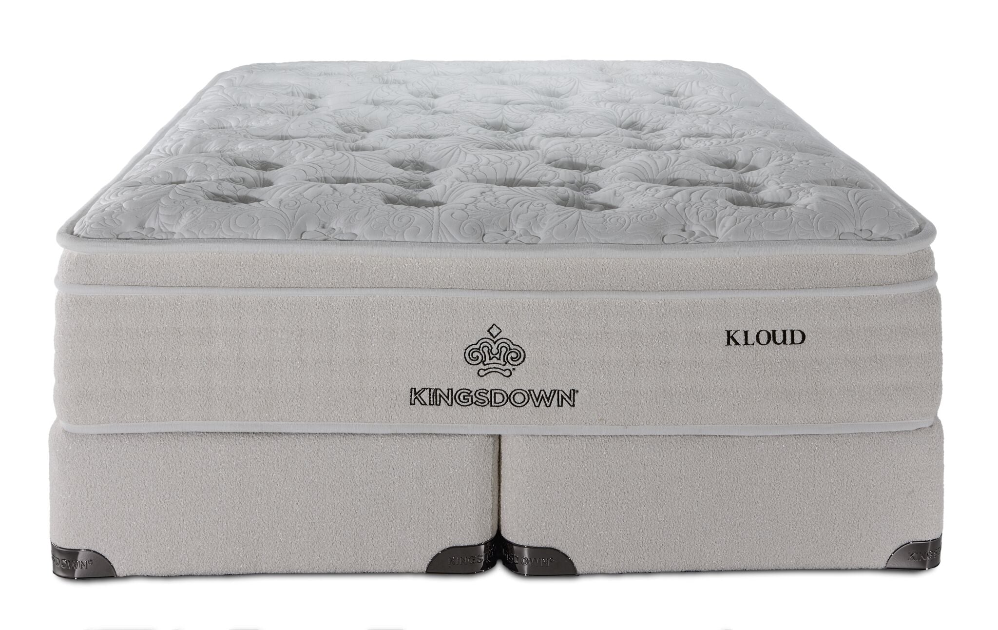 Front view of Kingsdown Atmosphere Firm Euro Top King Mattress and Split Boxspring Set with quilted surface and beige finish.