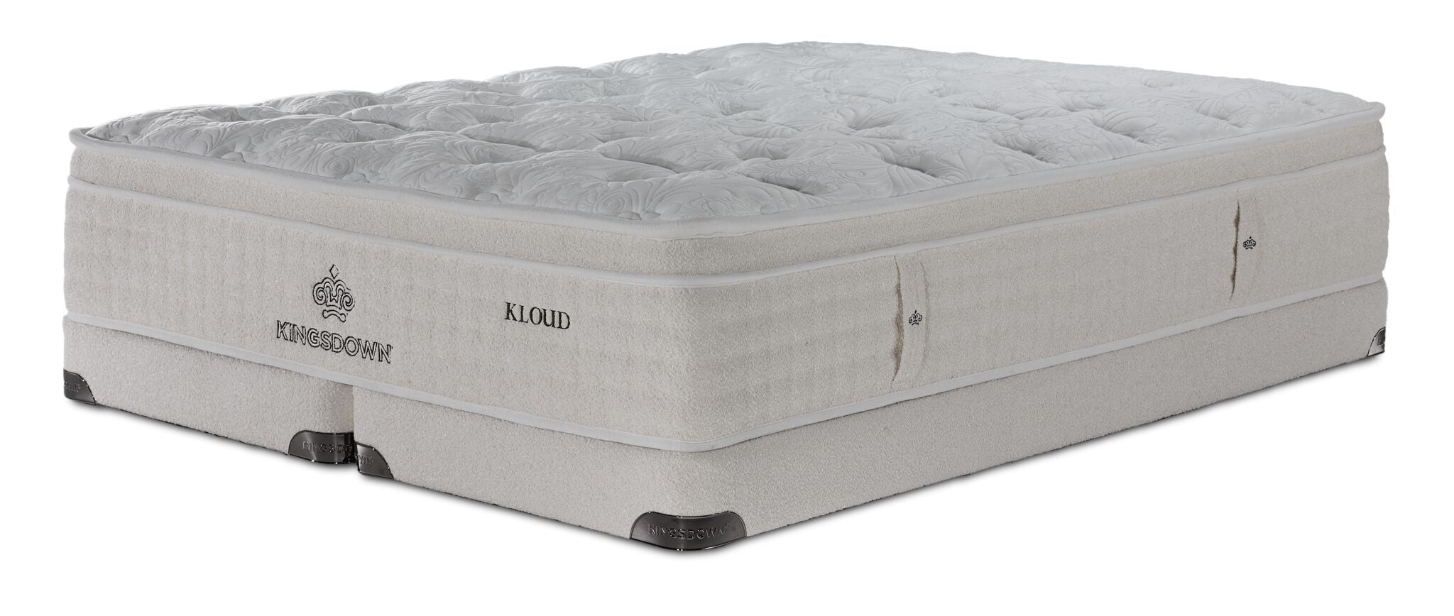 Three-quarter view of Kingsdown Atmosphere Firm Euro Top King Mattress and Low Profile Boxspring Set in beige.