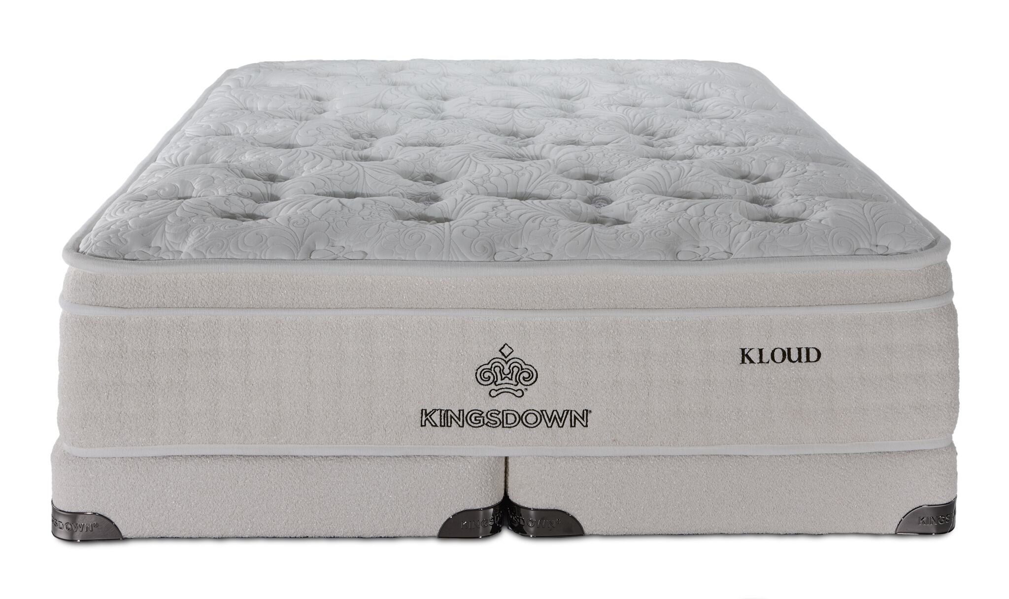 Front view of Kingsdown Atmosphere Firm Euro Top King Mattress and Low Profile Boxspring Set in beige.