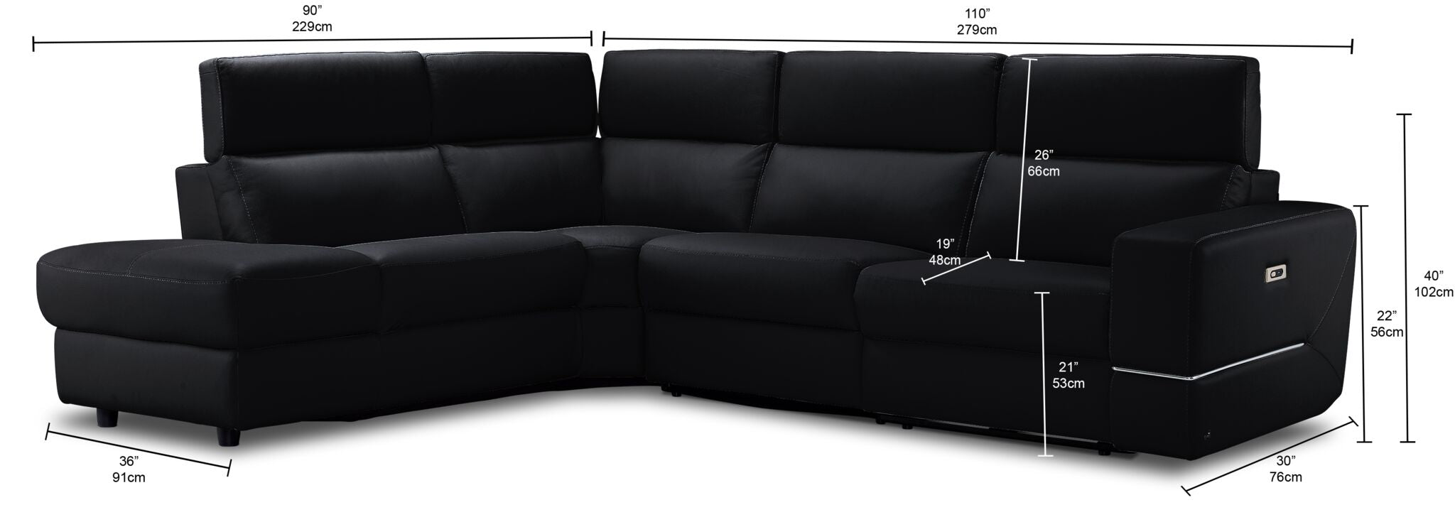 Bianca 3-Piece Power Sectional with Left Facing Chaise - Black