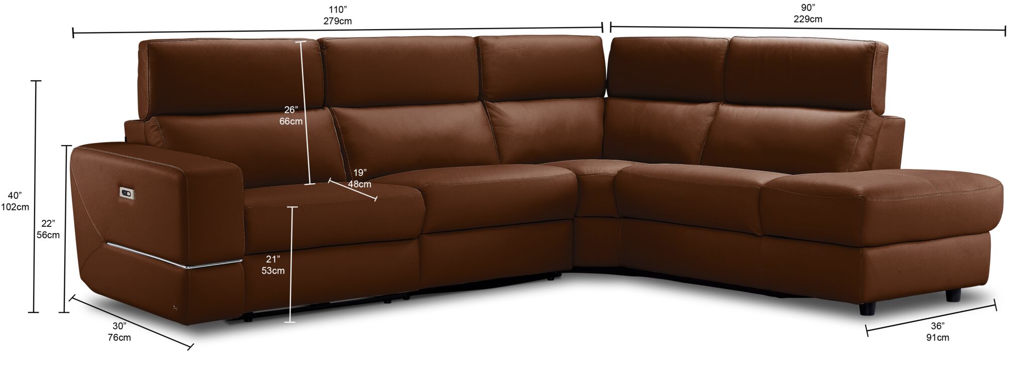 Bianca 3-Piece Power Sectional with Right Facing Chaise - Cognac