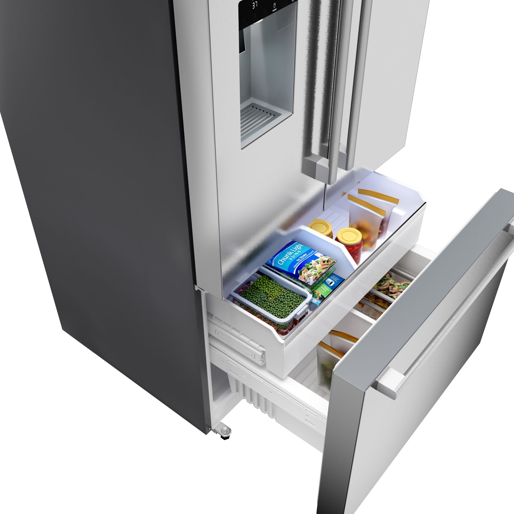 Bosch French door refrigerator bottom freezer drawer open with organized frozen food storage