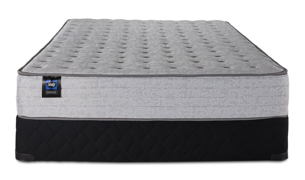 Sealy Burchelle Extra Firm Tight Top Full mattress and black quilted boxspring set, front view