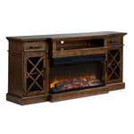 Cardiff 70" Fireplace TV Stand - Walnut, angled view with electric fireplace, glass cabinet doors and open media shelf