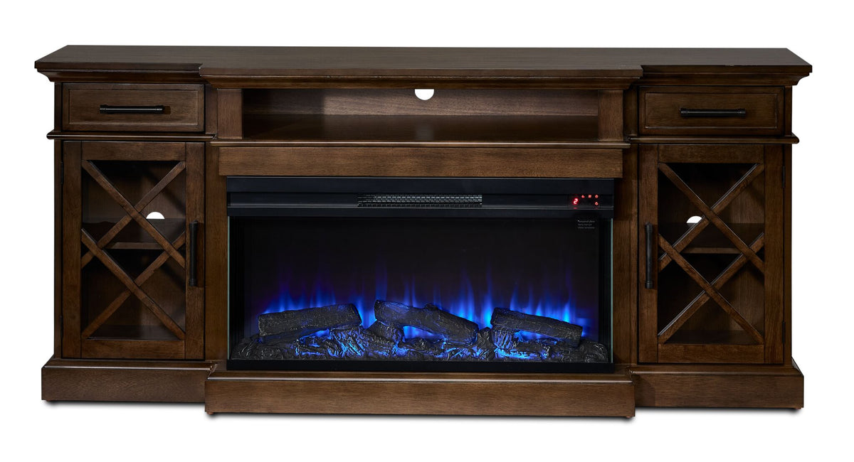 Cardiff 70" Fireplace TV Stand - Walnut, front view with blue electric flames, glass cabinet doors and open media shelf