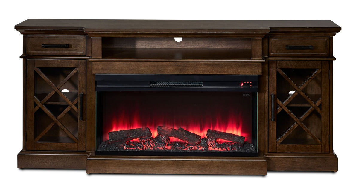 Cardiff 70" Fireplace TV Stand - Walnut, front view with red electric flames, glass cabinet doors and open media shelf
