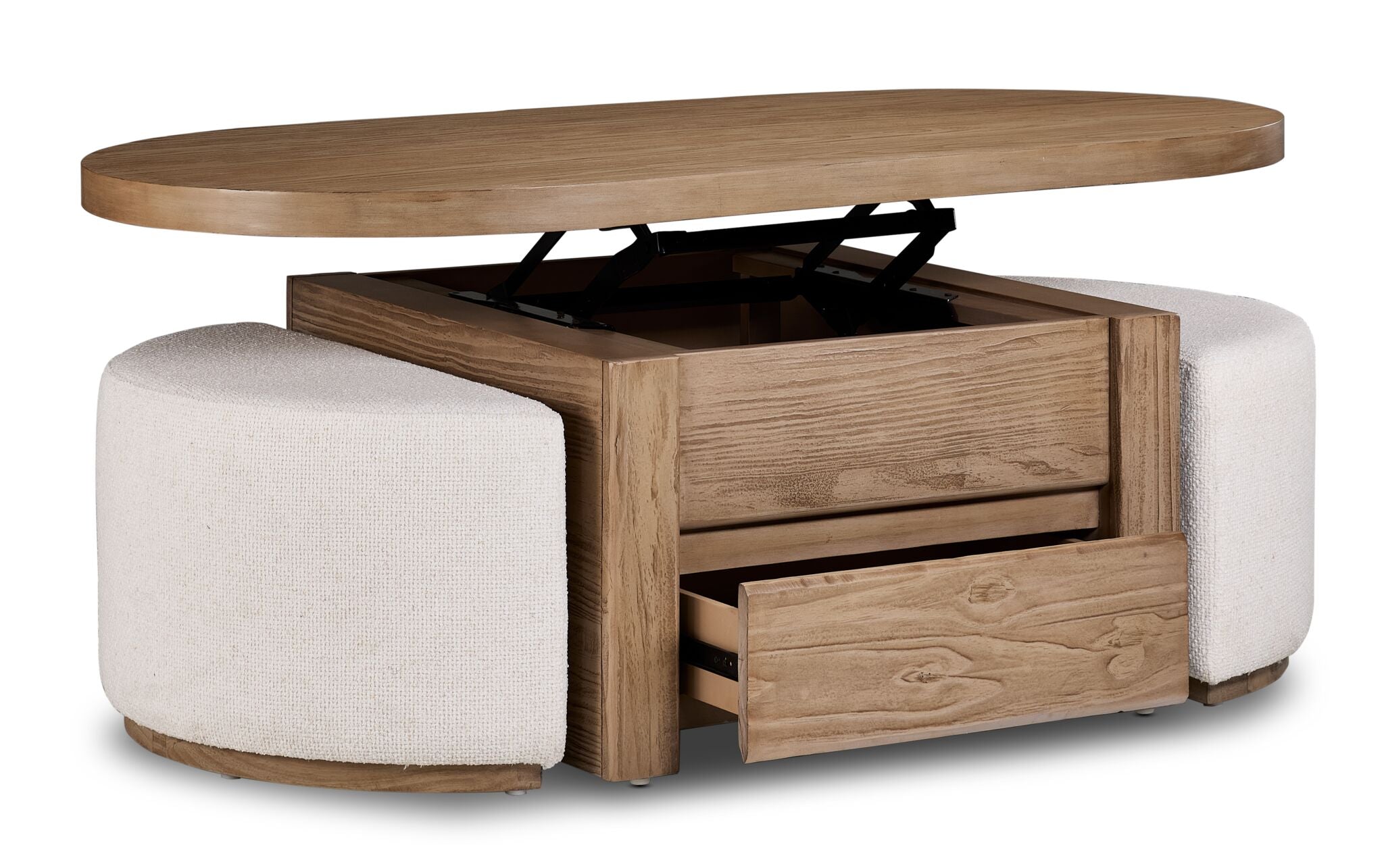 Elenore 52" Lift-Top Coffee Table With 2 Ottomans - Light Brown