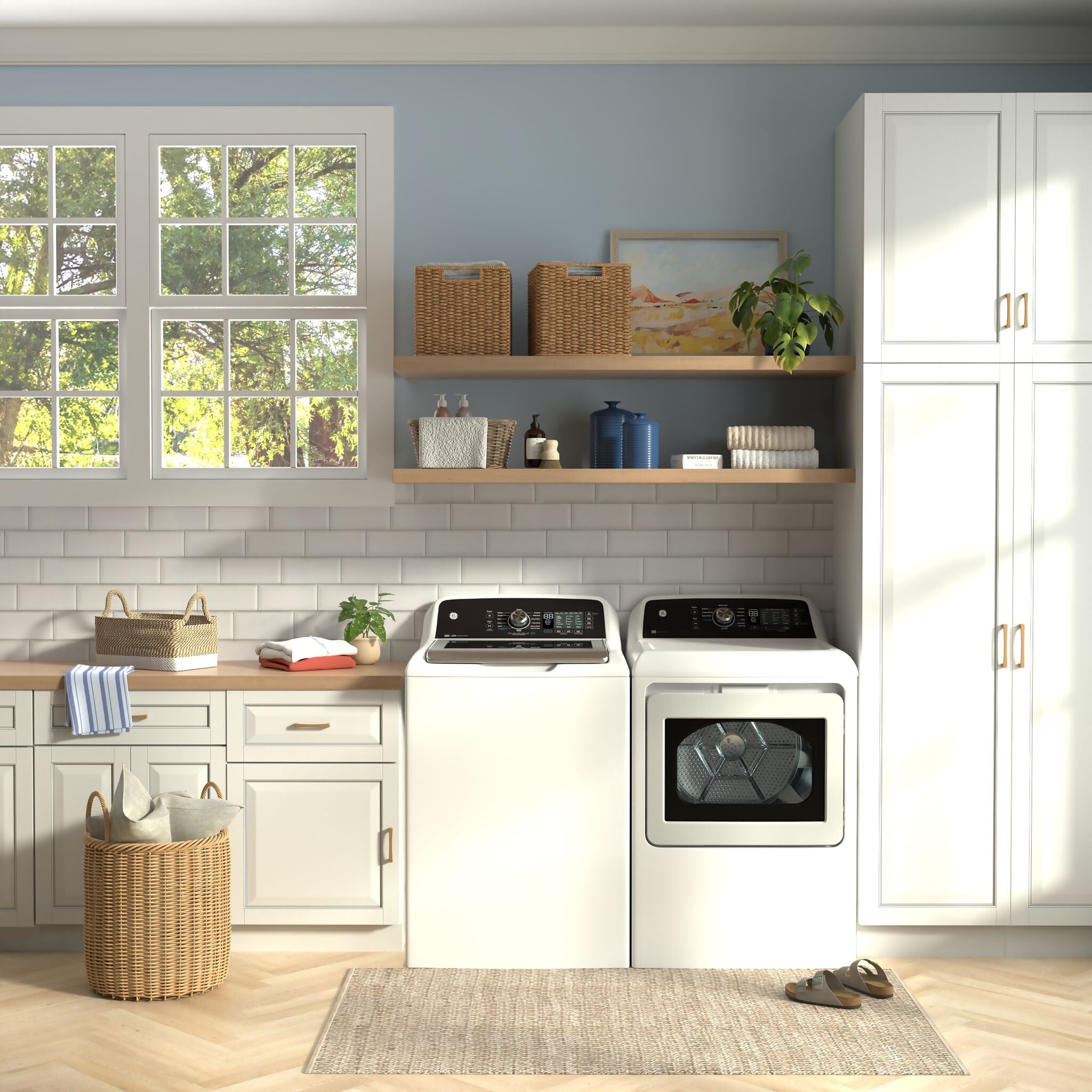 GE White Top Load Washer (5.3 Cu. Ft.) & Gas Dryer with SaniFresh (7.4 cu.ft.) - GTW681BMRWS/GTD68GBMRWS