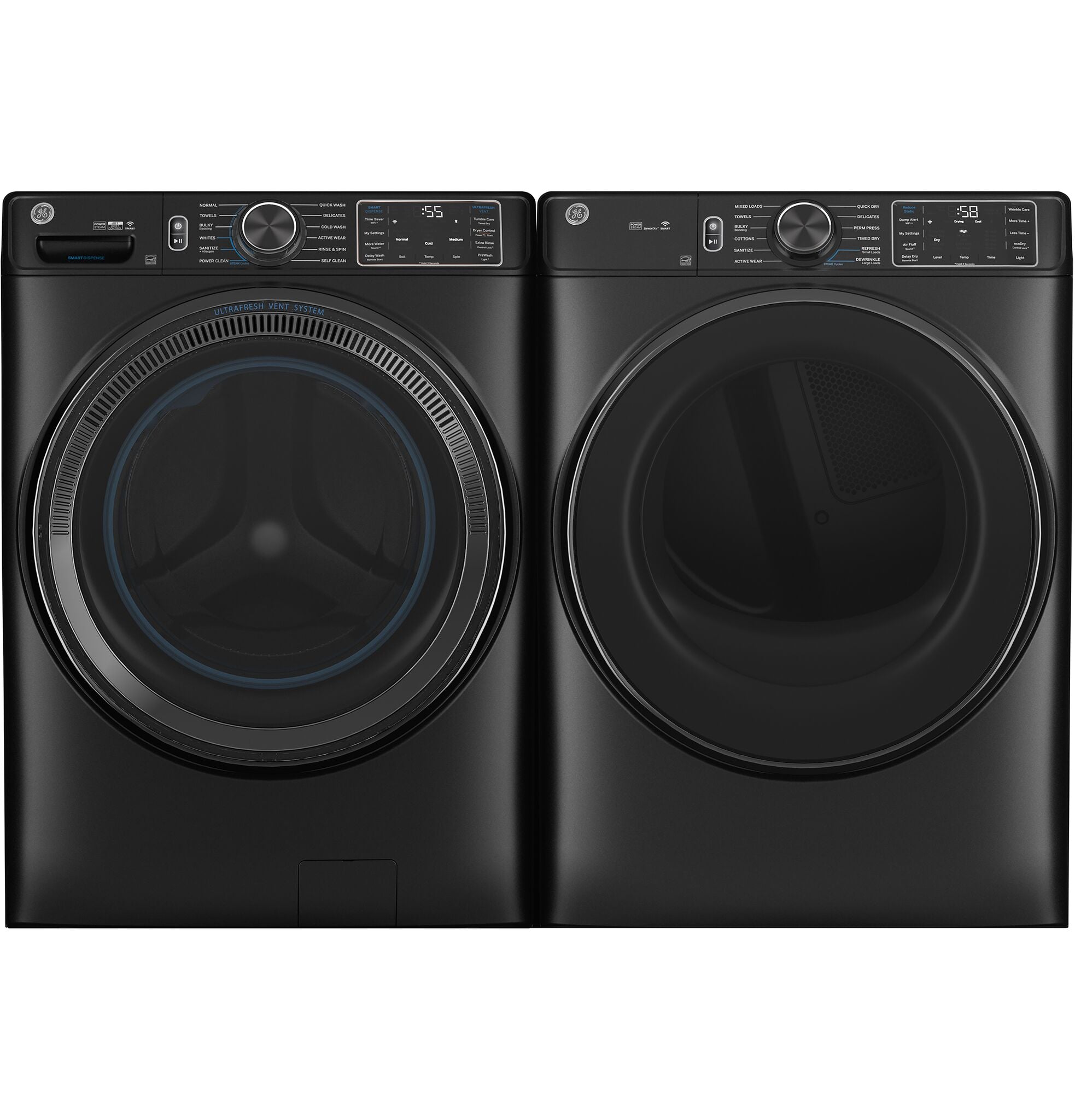 GE Carbon Graphite Smart Steam Front Load Washer with SmartDispense (5.8 cu.ft) & Electric Dryer (7.8 Cu.Ft.) - GFW655SPVDS/GFD65ESMVDS