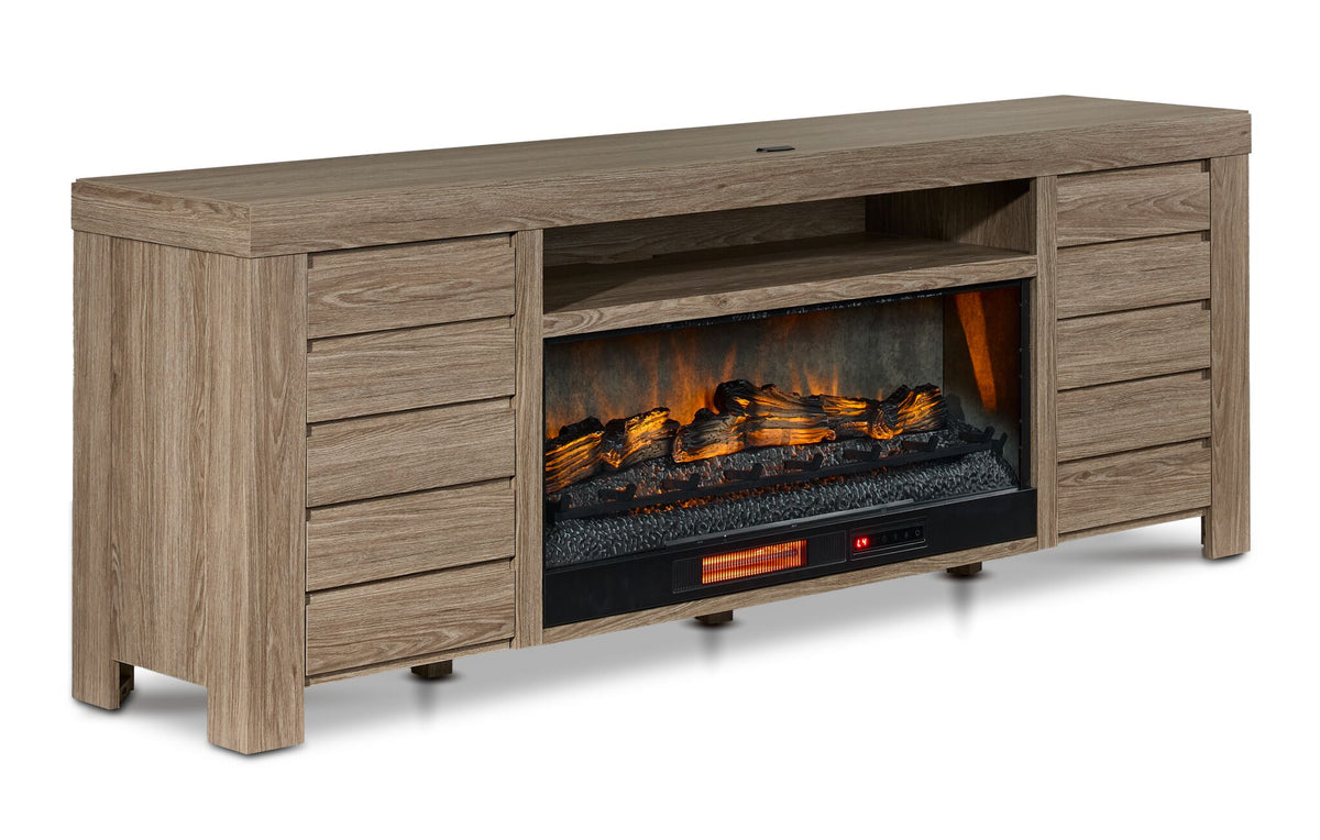 Great Falls 83.75" Fireplace TV Stand - Grey shown at an angle with electric fireplace, side cabinets and open media shelf