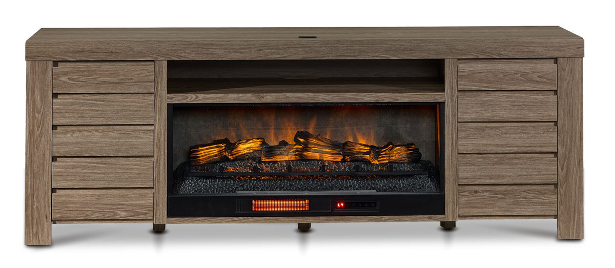 Great Falls 83.75" Fireplace TV Stand - Grey front view with glowing electric fireplace, closed side cabinets and open media shelf