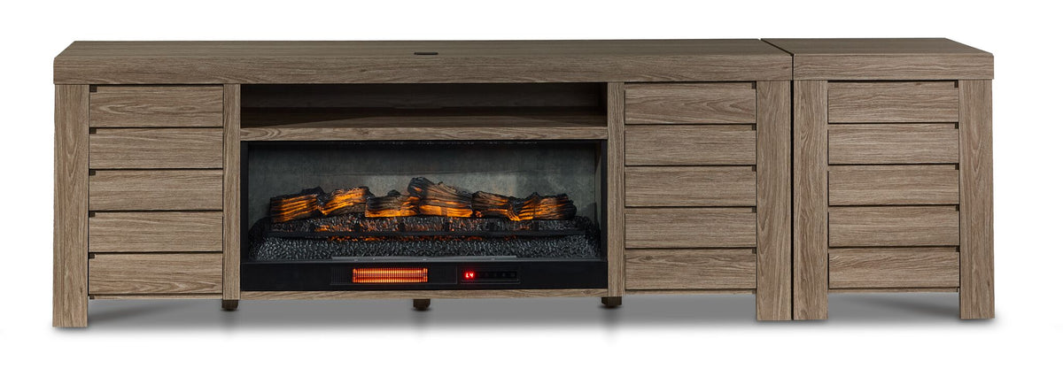 Great Falls 2-Piece Fireplace Entertainment Unit - Grey, front view with fireplace, open shelf and closed storage
