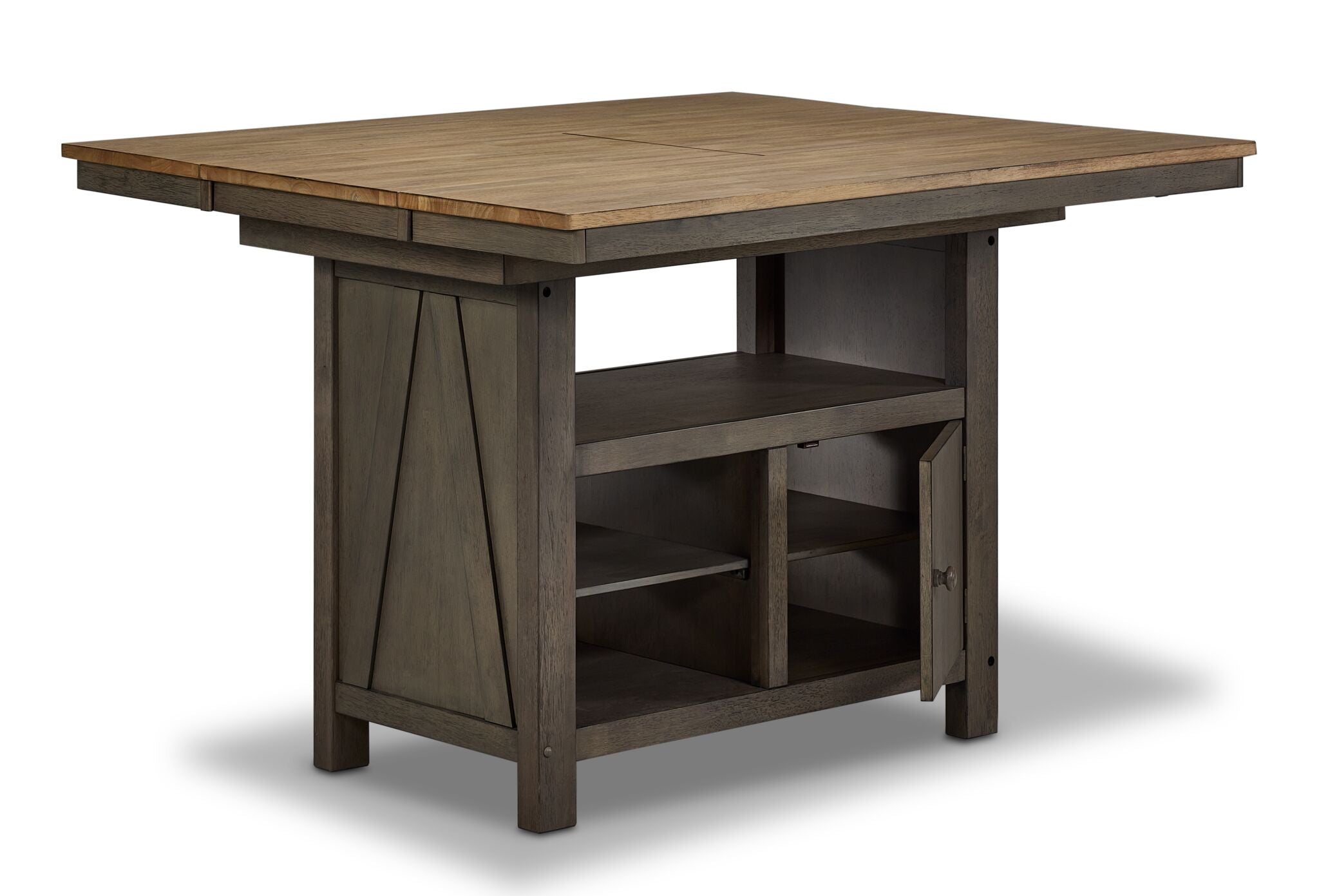 Harvest Ridge Counter Height Table - Grey, Sandstone, angled view with open cabinet, shelving and extended tabletop