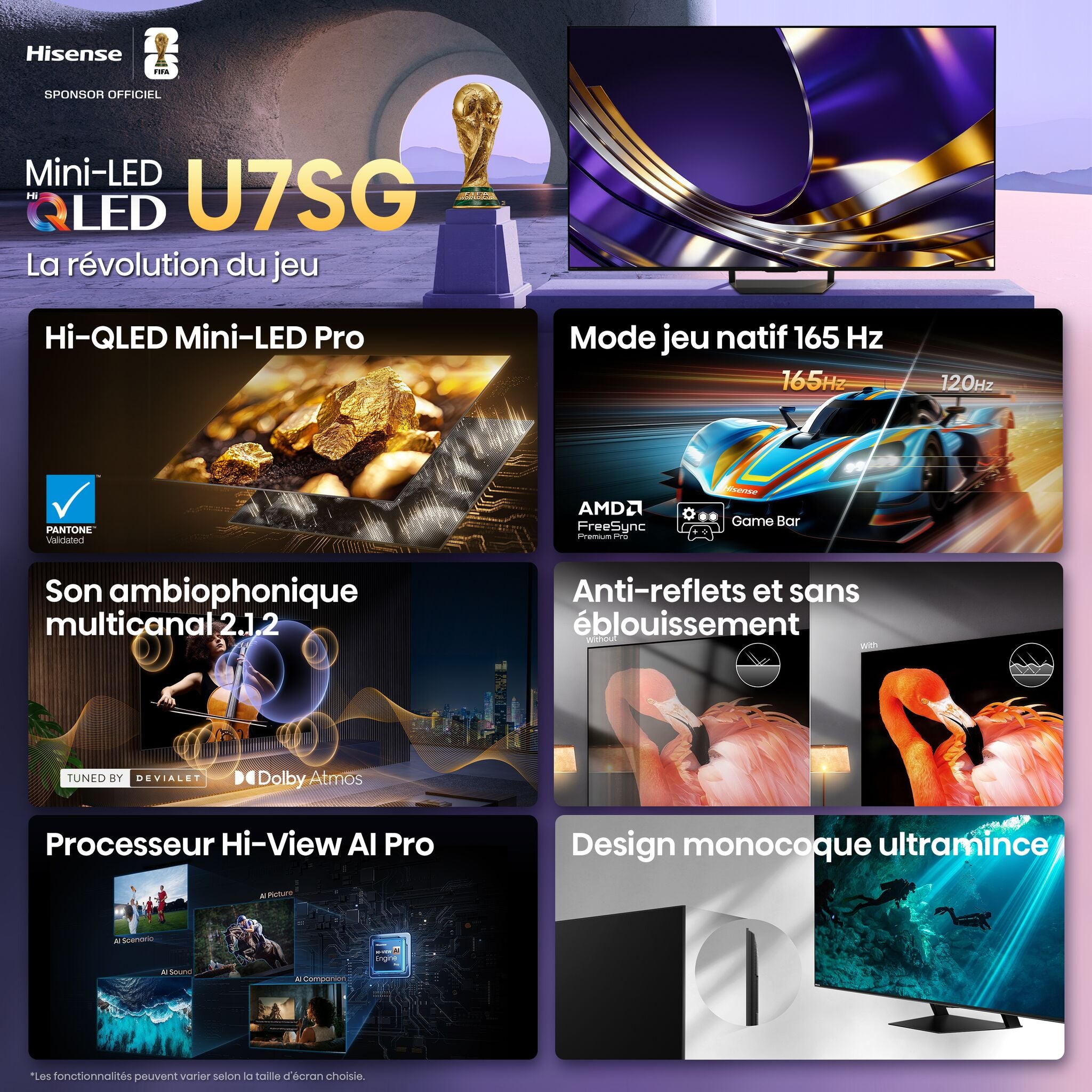 Hisense Téléviseur intelligent 55po QLED MiniDEL IA UHD 4K 165Hz avec GoogleTV – 55U7SG--