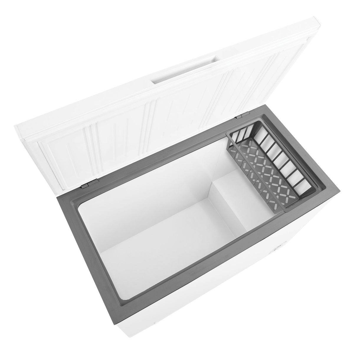 Top-down view of open Hisense 10.5 cu. ft. convertible chest freezer showing white interior compartment and removable grey storage basket