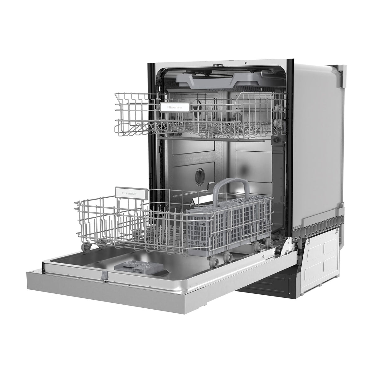 Hisense 24” Stainless Steel Front Control Dishwasher shown open at an angle with upper and lower racks pulled forward and third rack visible