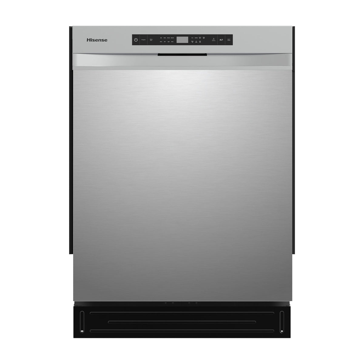Hisense 24” Stainless Steel Front Control Dishwasher with 3rd Rack and Pocket Handle shown closed from the front