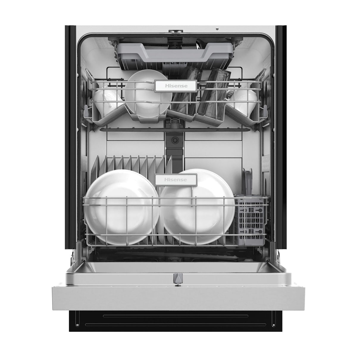 Hisense 24” Stainless Steel Front Control Dishwasher open from the front with dishes loaded in the upper and lower racks