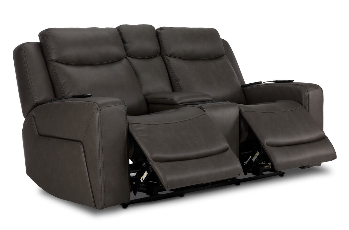 Jackson anthracite leather loveseat angled view with both power footrests extended and centre console