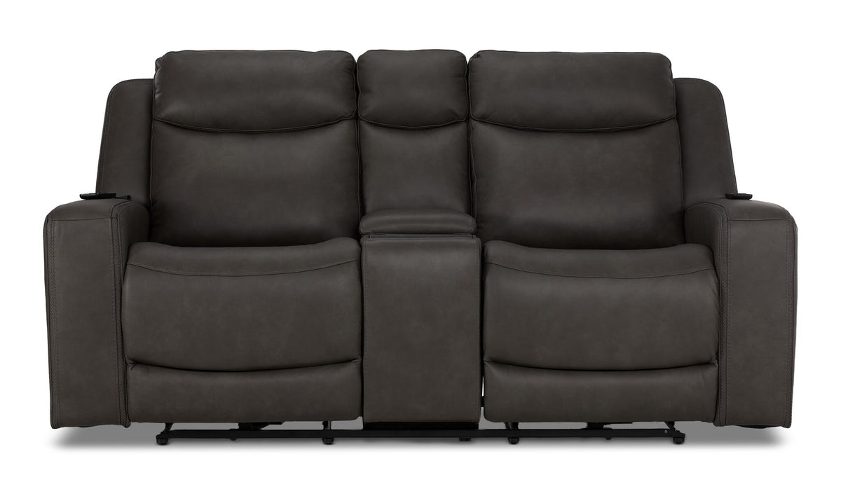 Jackson anthracite leather power reclining loveseat front view with two seats, padded headrests and centre console
