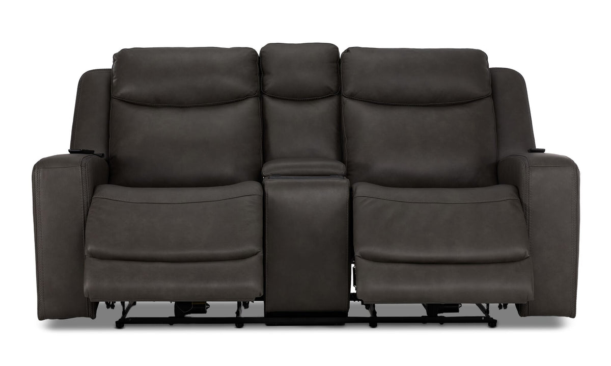 Jackson anthracite leather reclining loveseat front view with both footrests extended and padded headrests