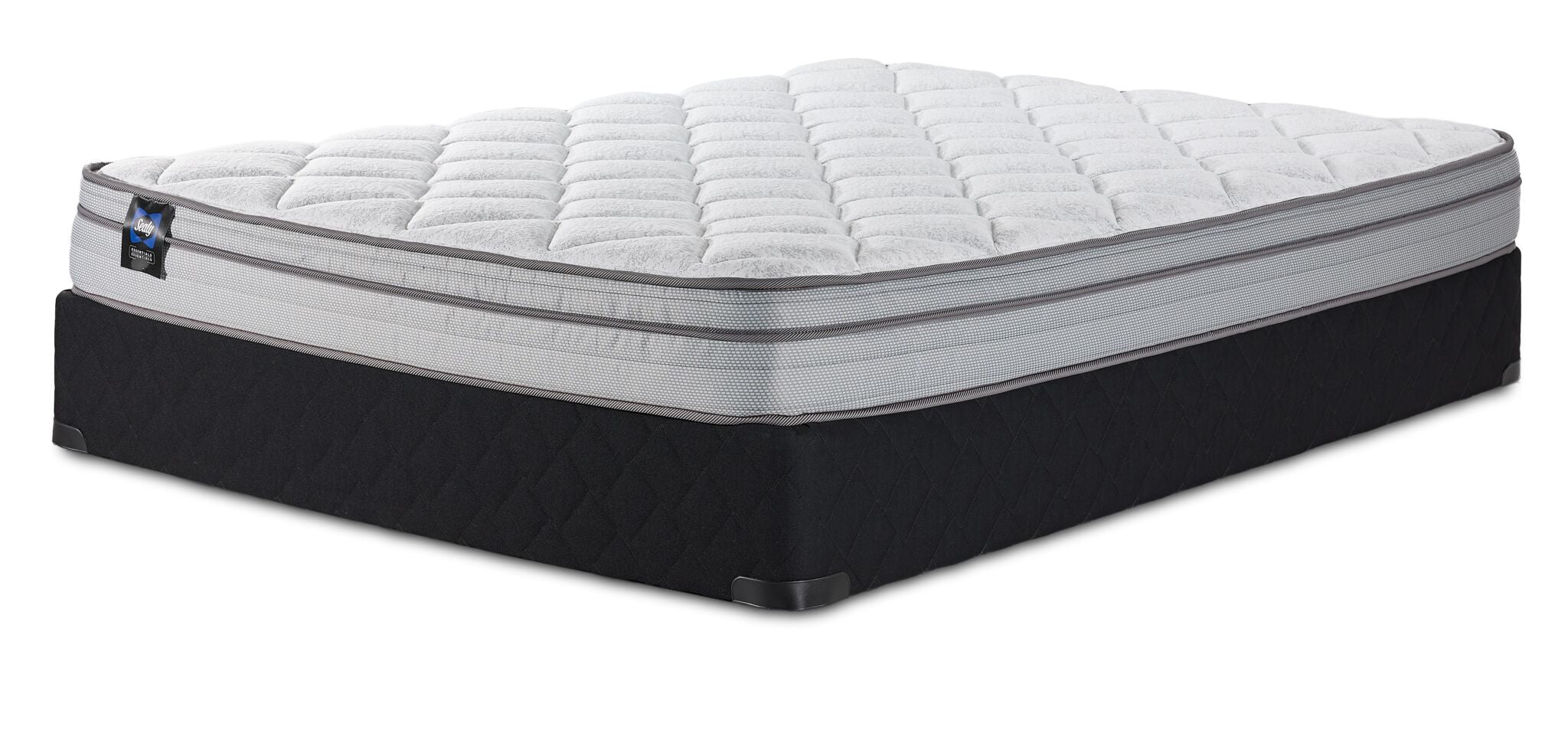 Sealy Essentials Kairo Medium Euro Top Twin XL mattress and boxspring set with quilted white top and black base