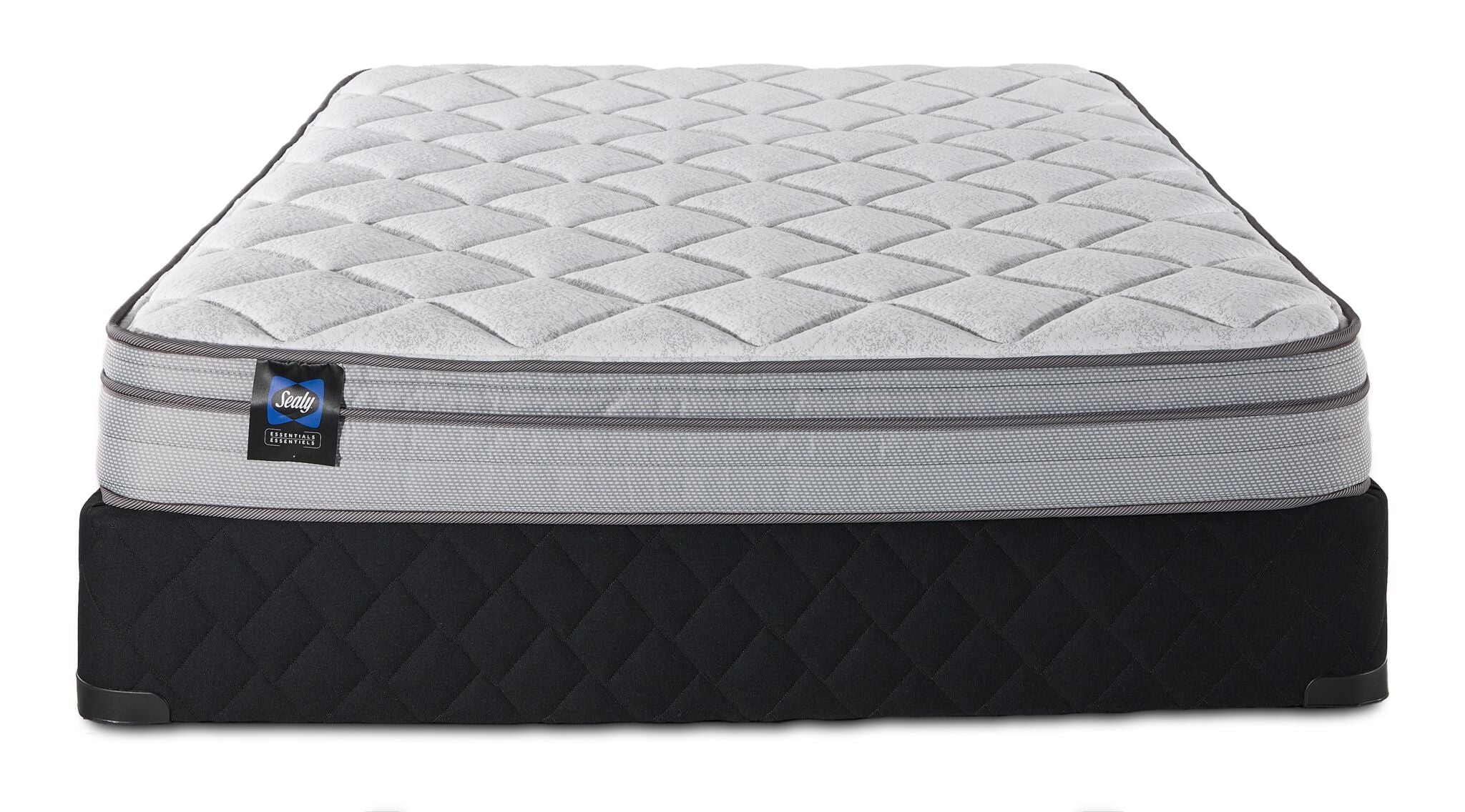 Front view of Sealy Essentials Kairo Medium Euro Top Queen mattress and boxspring set with black quilted base