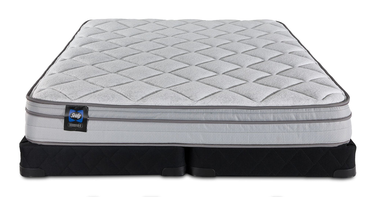 Sealy Essentials Kairo Medium Euro Top Queen mattress with split low profile boxspring, front view
