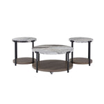 Kosmos 35.43" Coffee Table and 2 End Tables - Faux Marble/Dark Oak with round tops, black legs and lower shelves