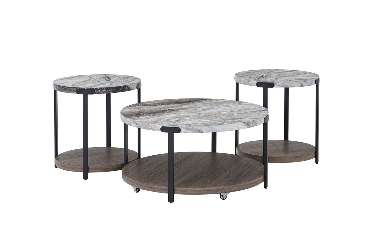 Kosmos faux marble and dark oak coffee table with two matching round end tables, black metal legs and lower shelves