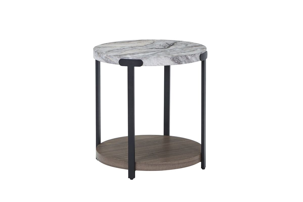 Kosmos round end table with faux marble top, dark oak lower shelf and slim black metal legs