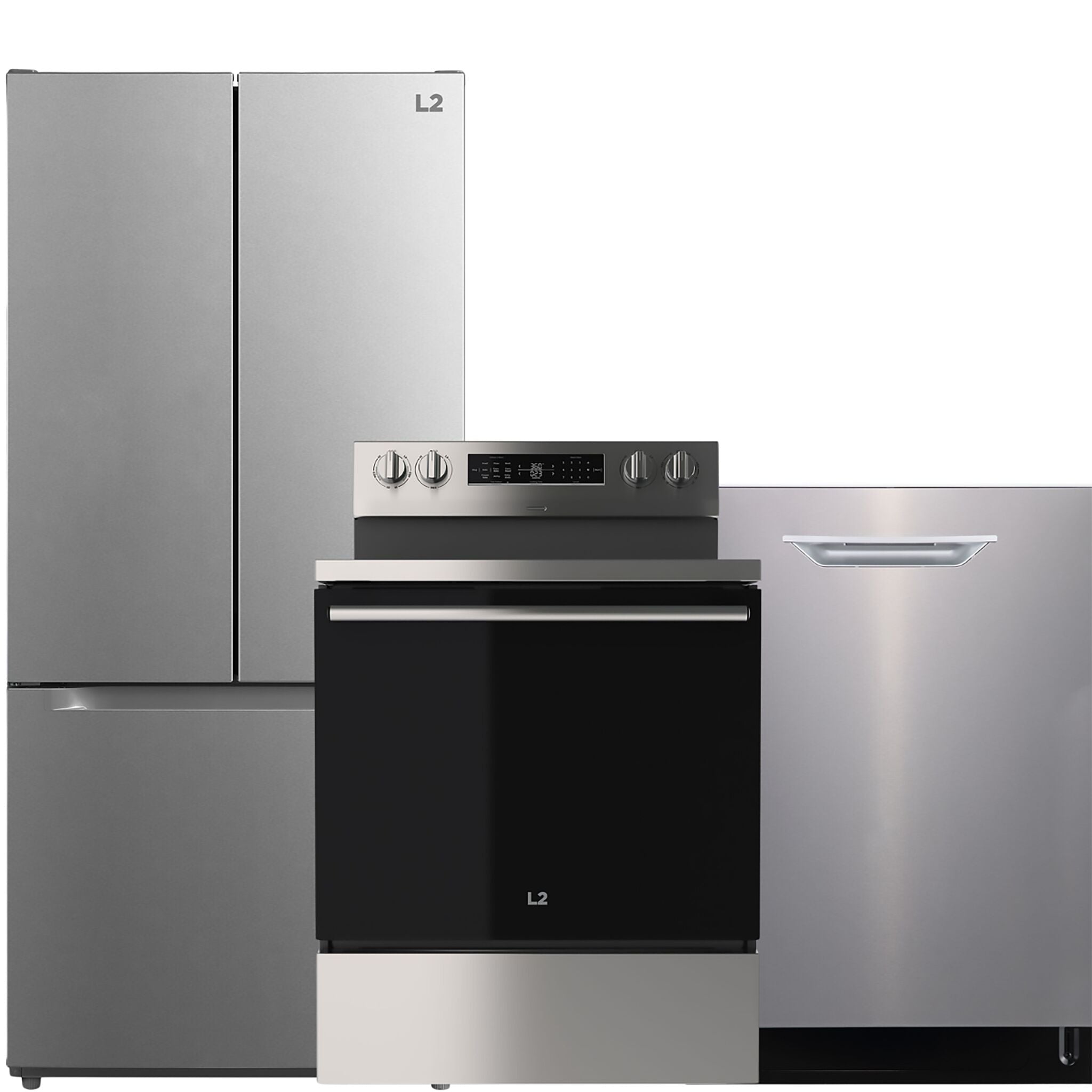 L2 Stainless Steel Kitchen Package with French Door Refrigerator, Electric Range & Built-In Dishwasher