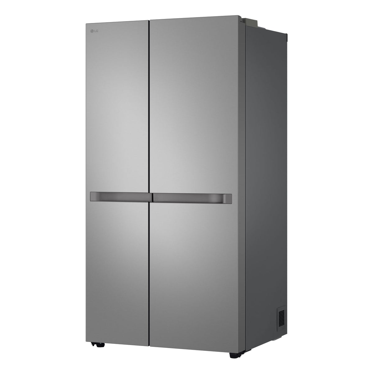 Angled view highlighting the stainless steel finish, four-door design and counter-depth profile
