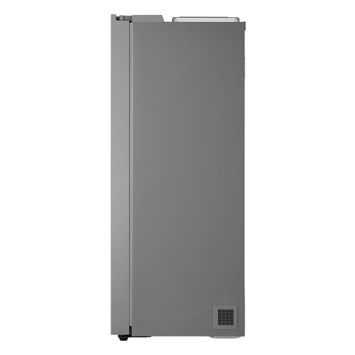 Side profile of the counter-depth refrigerator showing the dark side panel and lower ventilation grille