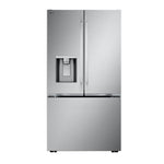 Front view of LG LF26WCH62S stainless steel French door refrigerator with exterior ice and water dispenser