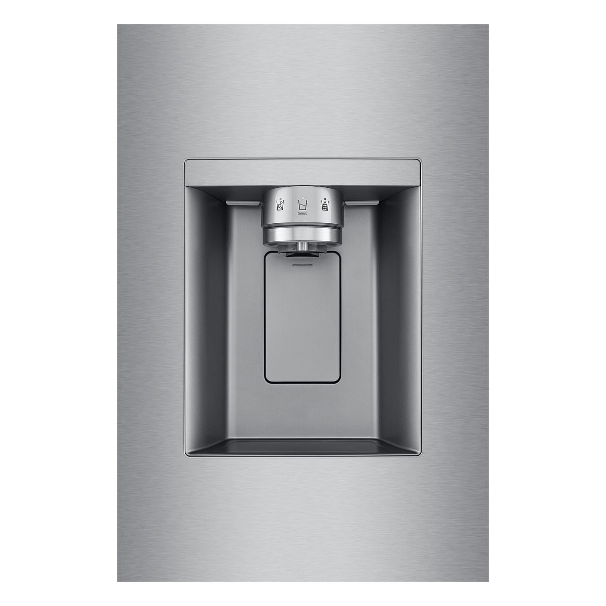 Close-up of the exterior ice and water dispenser with selection controls