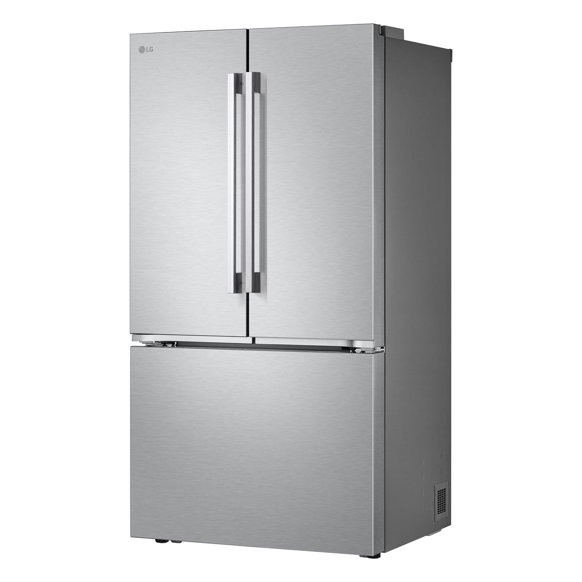 Angled view highlighting the stainless steel finish, French doors and counter-depth profile