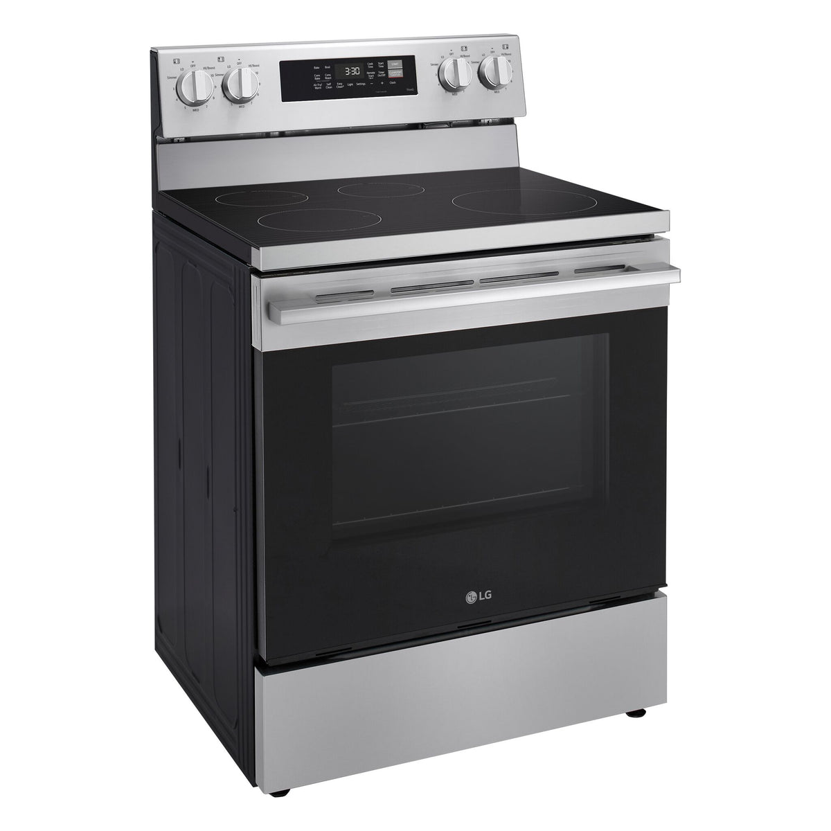 LG Stainless Steel 30" Freestanding Induction Range shown at an angle with black cooktop, rear control panel and oven