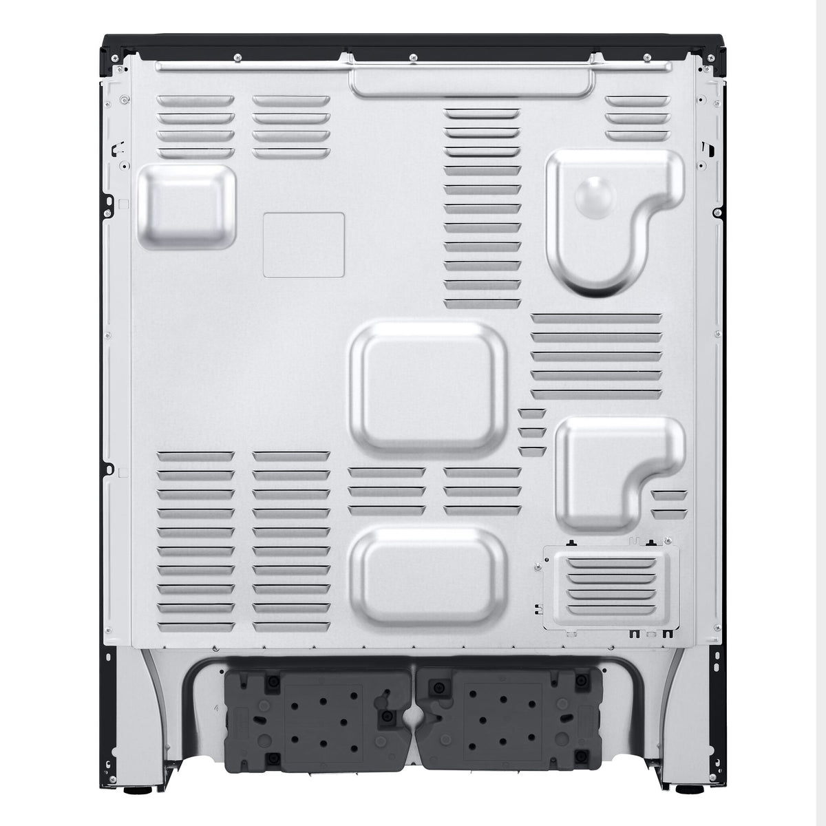 Rear view of LG smart induction slide-in range showing metal back panel and installation components