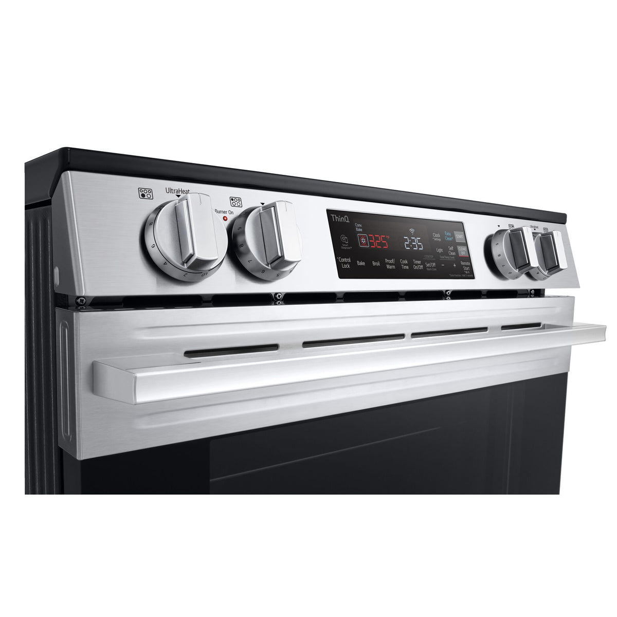 Close-up of LG electric slide-in range front control panel with four knobs and ThinQ digital display
