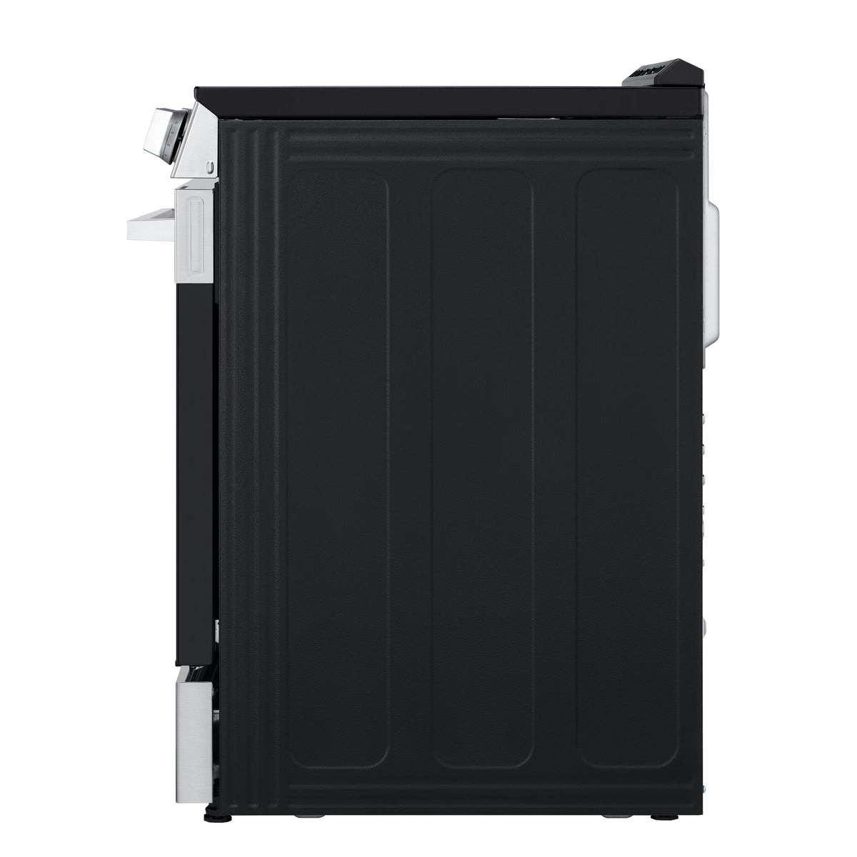 Side profile of LG stainless steel electric slide-in range showing black cabinet, cooktop and front controls