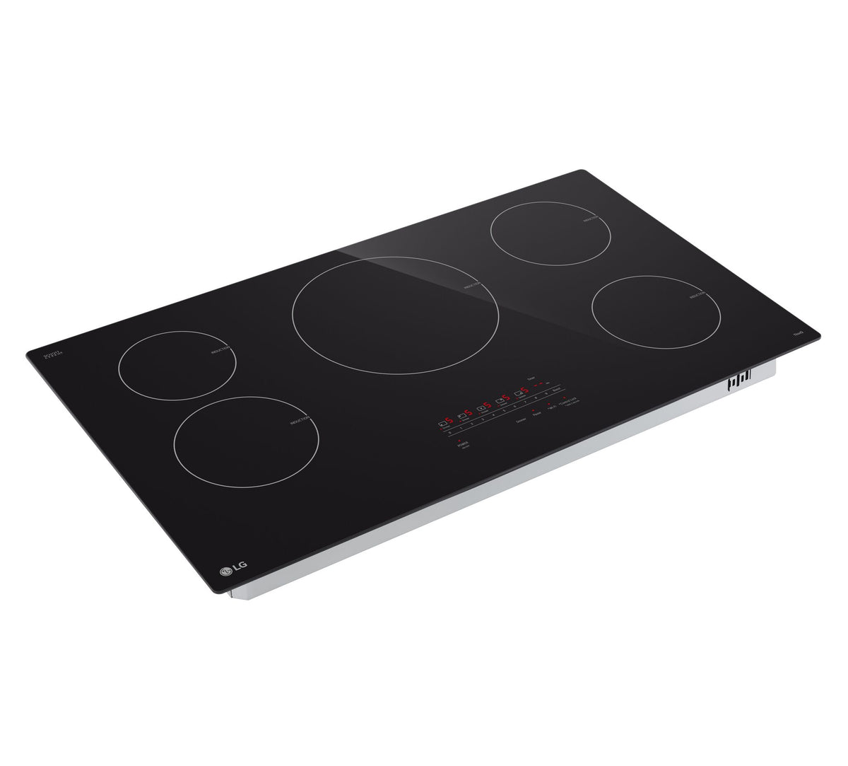 LG Black 36-inch Smart Induction Cooktop shown at an angle with five induction zones and illuminated touch controls