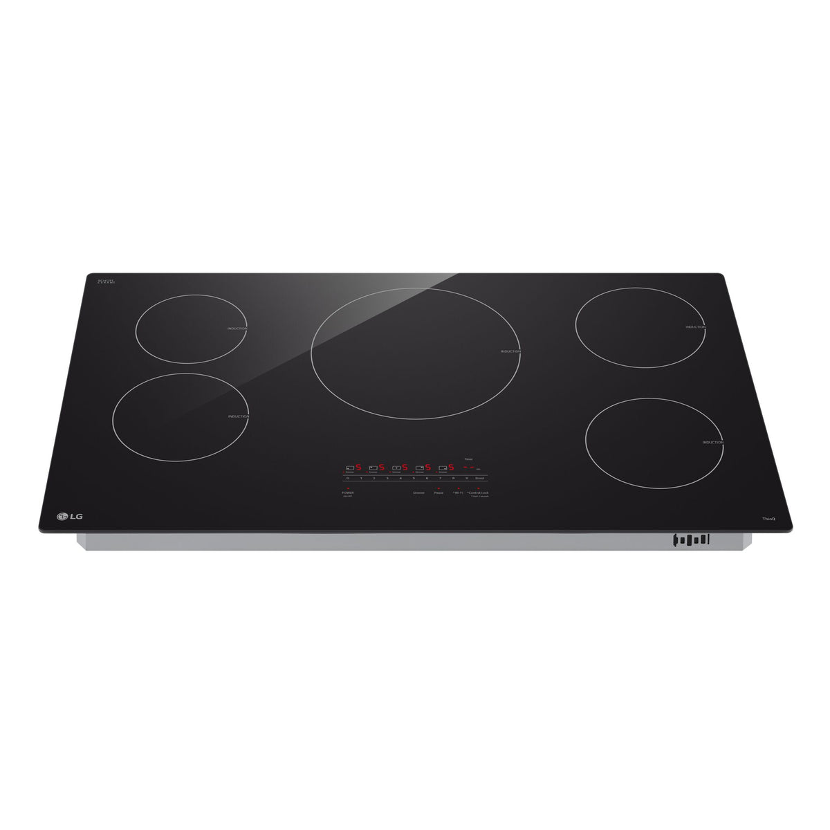 Front angle view of LG Black 36-inch Smart Induction Cooktop with five outlined cooking zones and touch control panel