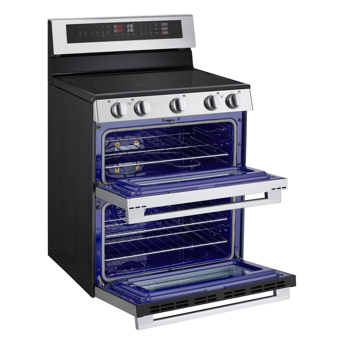 LG Electric Range angled view with both double oven doors open showing interior racks