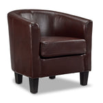 Lincoln Accent Chair - Brown in a three-quarter view with curved tub-style back, cushioned seat and dark tapered legs