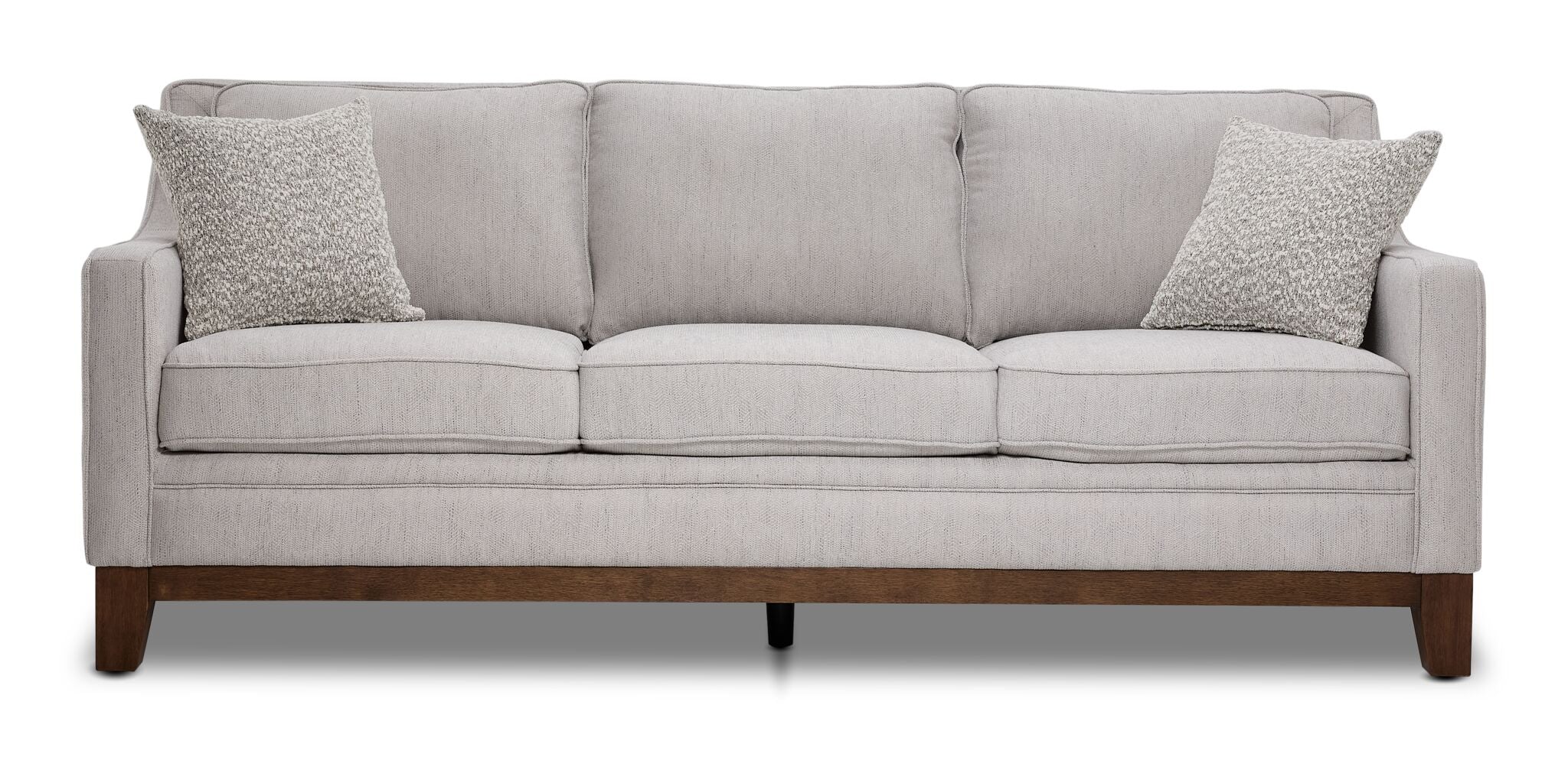 Lucerne grey sofa with contemporary shape, polyester upholstery and clean front view