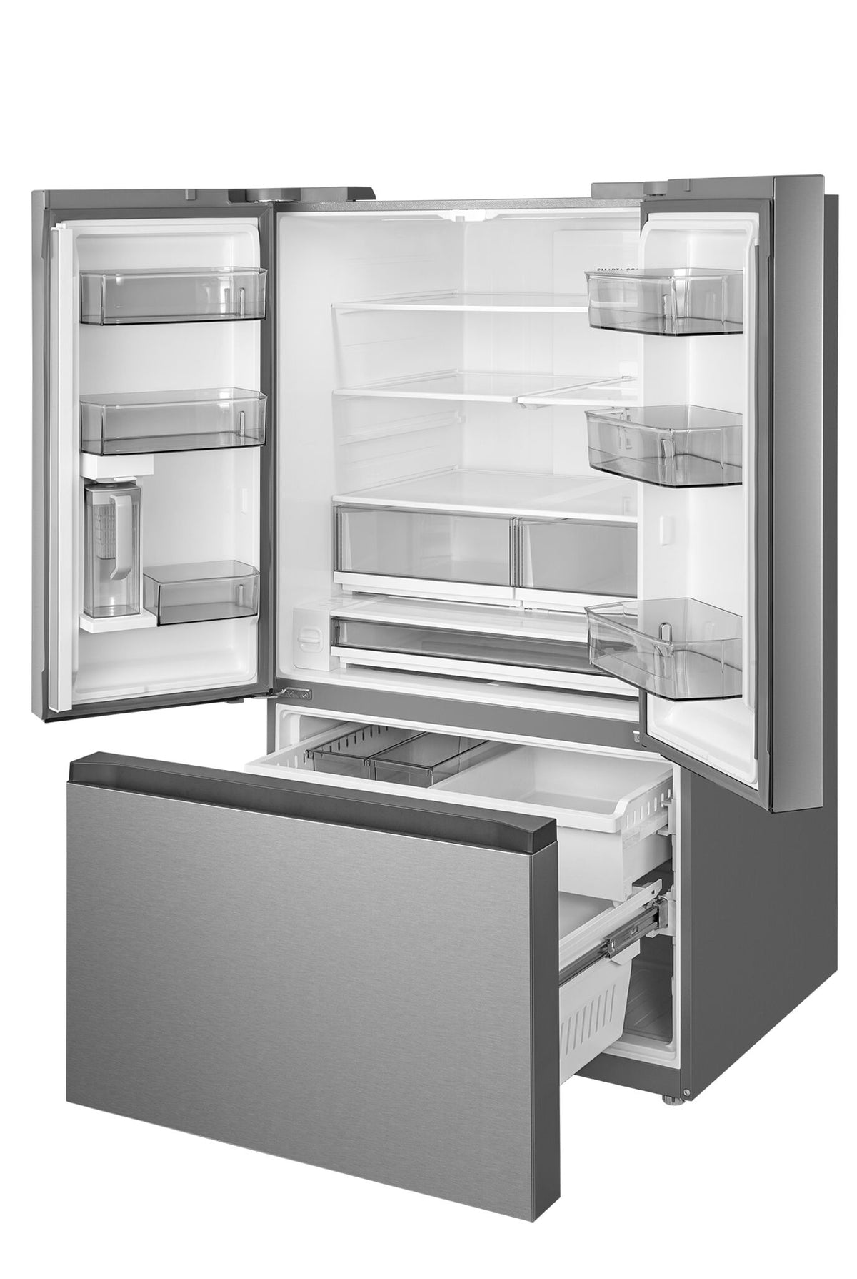 Angled open refrigerator with empty shelves, storage drawers and extended freezer