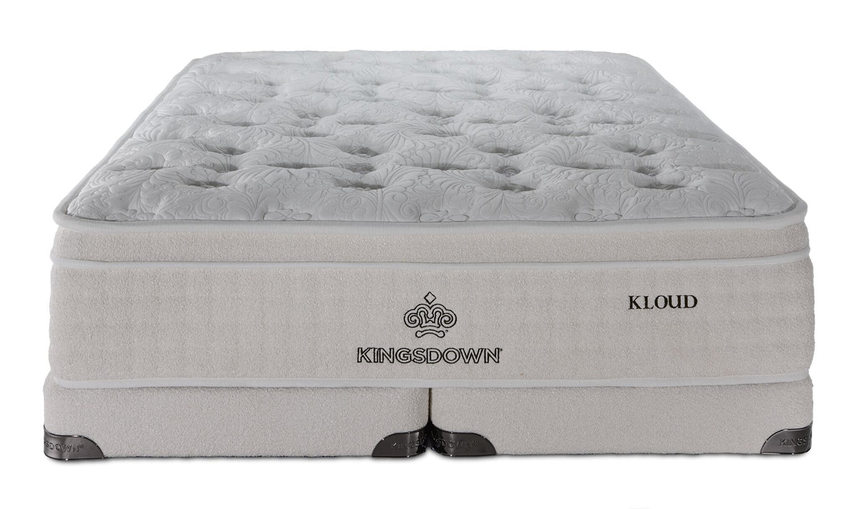 Front view of Kingsdown Atmosphere Plush Euro Top King mattress on matching low profile boxspring