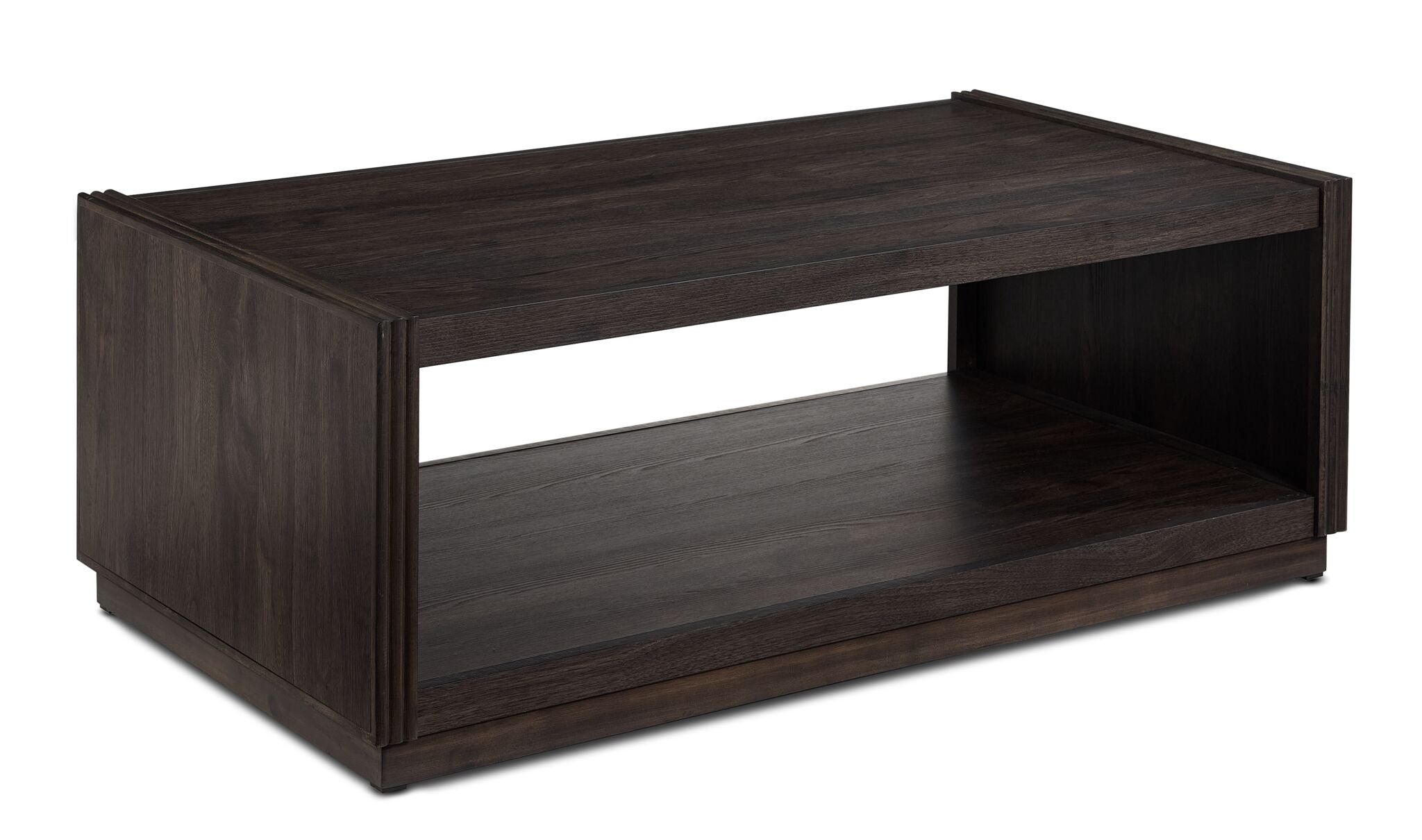 Modern Edge 48-inch dark grey coffee table with raised end panels and open bottom shelf